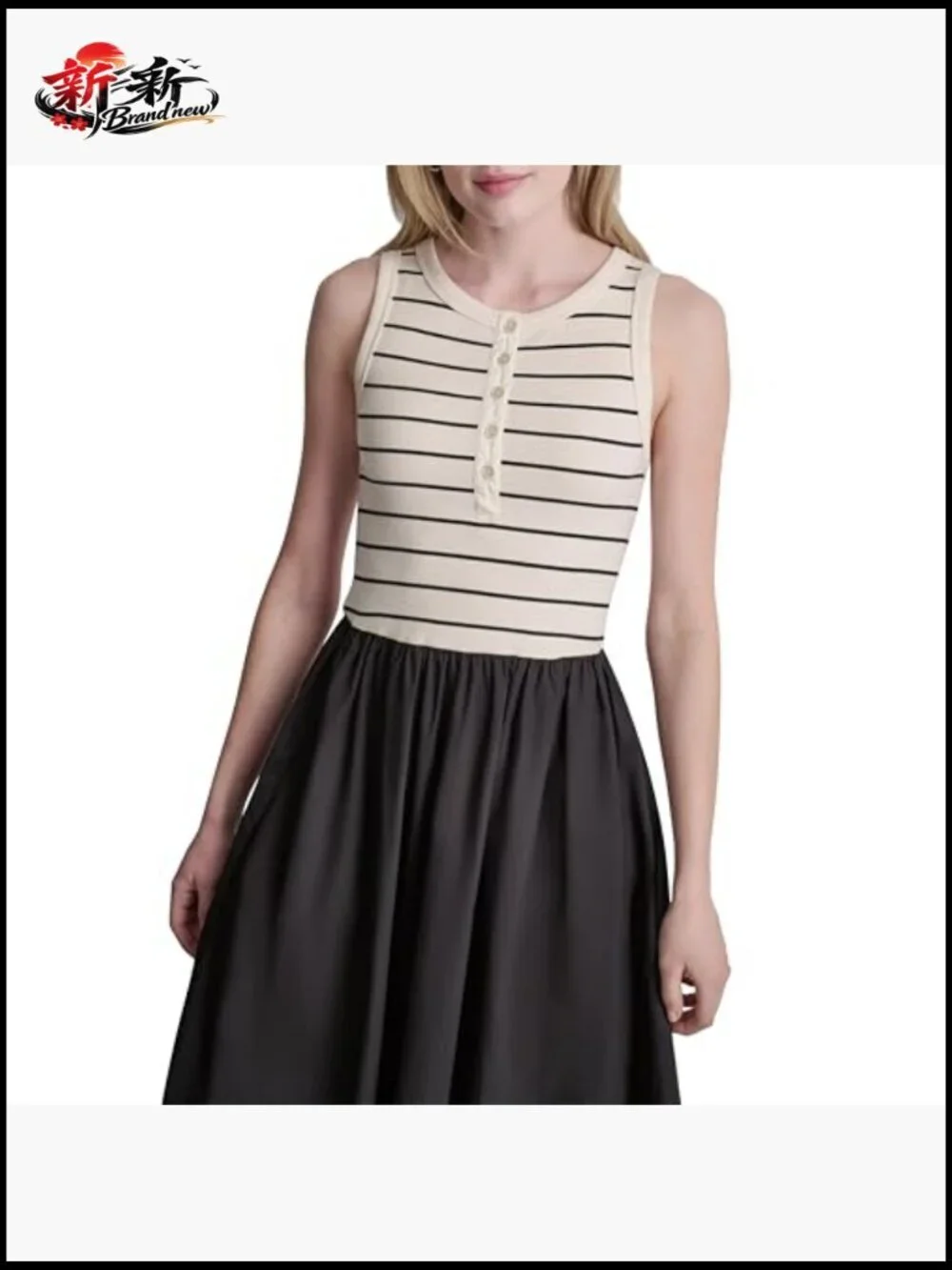 Striped Cotton Poplin Maxi Dress with Rib Henley Top